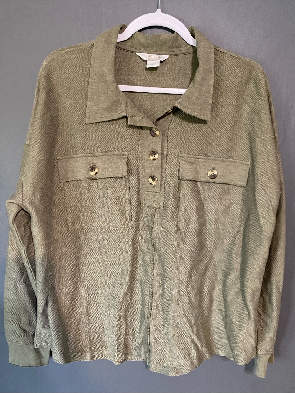 Natural Reflections Olive Green Long-Sleeve Polo with Chest Flaps